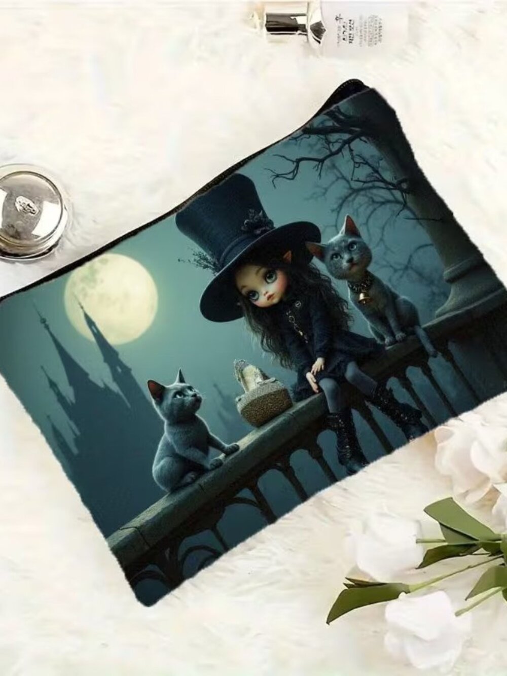 Halloween Dark Goth Witch & 2 Black Cats Makeup Bag Double-Sided 6.3"h" x 8.7"w